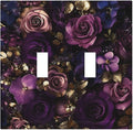 Decorative Switch Plate Cover with Luxurious Purple Roses Gold Accents Leaves Design 2 Gang Wall Plate Unique Double Toggle Double Light Switch Covers for Romantic Bedroom/Living Room Decor