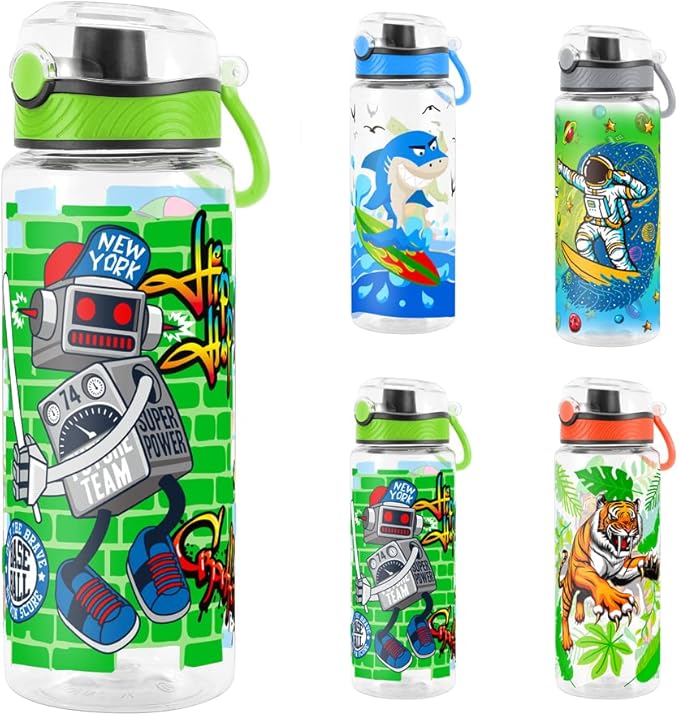 Home Tune Cute Water Bottle for School Kids Girls, BPA FREE Tritan & Leak Proof & Easy Clean & Carry Handle, 23oz/ 680ml - Sports Robot