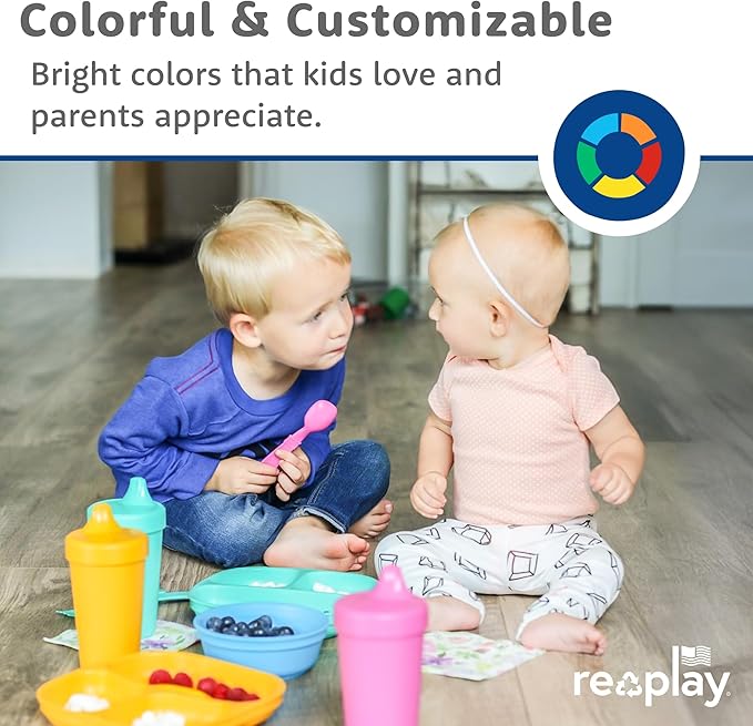 Re-play 3x3 Divided Toddler Plates and Utensils Set - Toddler Forks and Spoons Set - Dishwasher and Microwave Safe - Made in USA - Spring