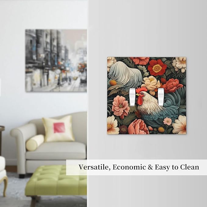 Decorative Switch Plates Rooster Flowers Red White Chicken Floral 2 Gang Double Toggle Outlet Light Switch Cover Wall Plate Electrical Faceplate for living Room Farmhouse Decor