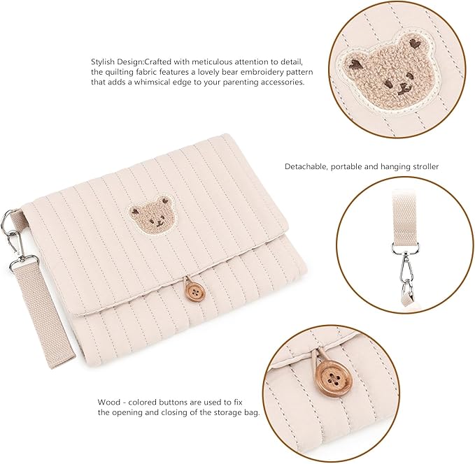 MOMIGO Baby Diaper Bag Organizer Pouches - Waterproof Pod Foldable Diaper Organizer Set, Cute Bear Bag Gift for Baby Shower (Khaki)