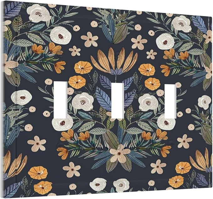 Boho Leaf Floral Navy Blue Background 3 Gang Light Switch Covers Triple Toggle Wall Plate Decorative Switchplate Electrical Faceplate for Farmhouse Country Bedroom Bedroom Decor