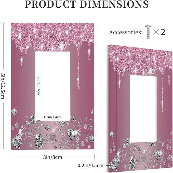 Sparkling Diamonds Pink Silver Glitter Drops Print 1 Gang Rocker Light Switch Covers Decorative Unique Single Decora Outlet Wall Plate Faceplate Switchplate GFCI for Bedroom Bathroom Decor