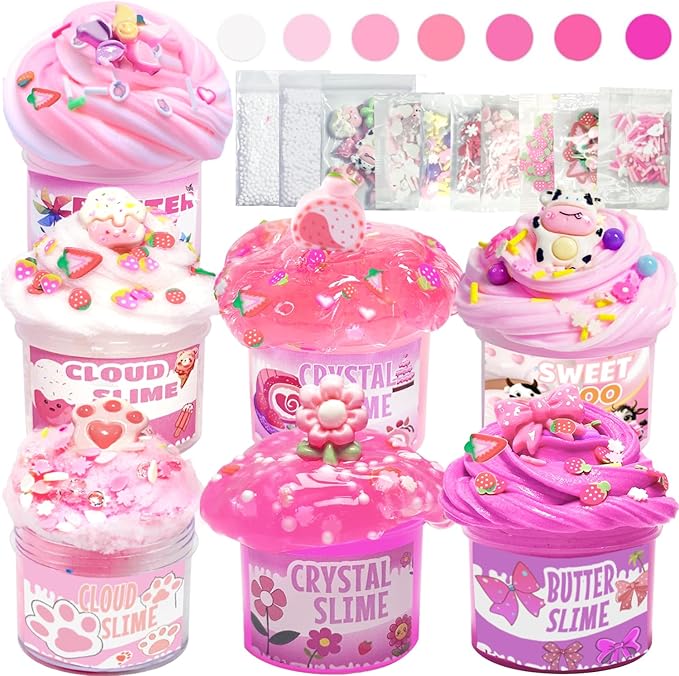 7 Pack Pink Slime Kits, Butter Slime,Cloud Slime kit for Girls Ages 8-12,Crunchy Slime Kit,Non Sticky,Super Soft Sludge Toy,Birthday Gifts for Kids,Party Favors for Girls and Boys