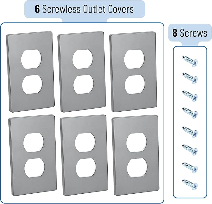 Bates- Screwless Duplex Wall Plate, Standard Size, 6 Pack, 1-Gang Child Safe Receptacle Outlet Cover, Unbreakable Polycarbonate Thermoplastic, Nickel