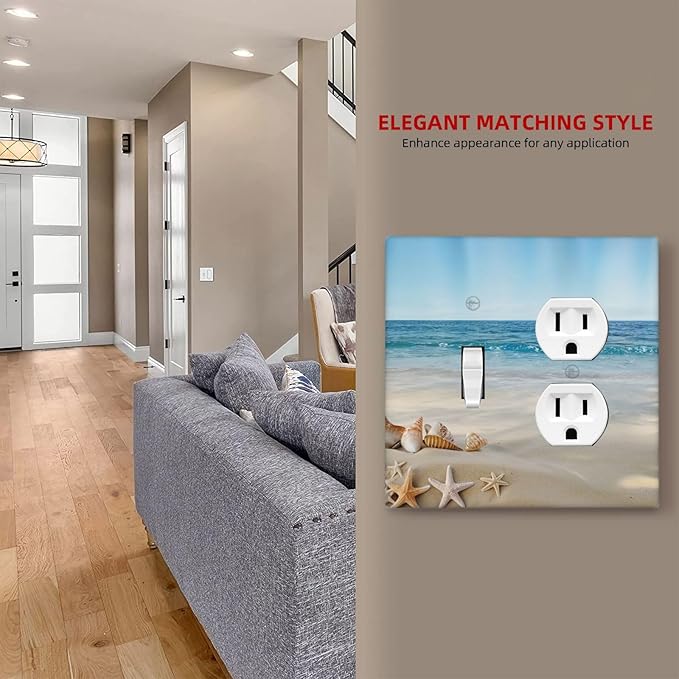 Outlet Covers Summer Beach Starfish Shells 2 Gang Combination 1 Toggle/1 Duplex Light Switch Cover Decorative Gfci Wall Plate Electrical Receptacle Switchplate Faceplate for Kitchen Decor