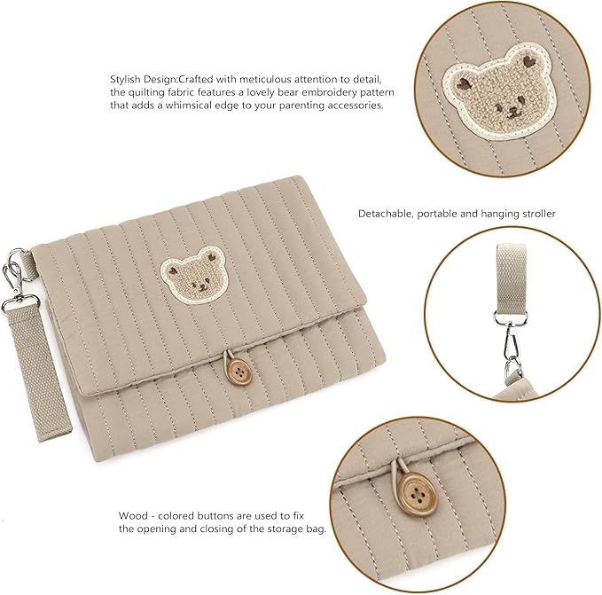 MOMIGO Baby Diaper Bag Organizer Pouches - Waterproof Pod Foldable Diaper Organizer Set, Cute Bear Bag Gift for Baby Shower (Brown)