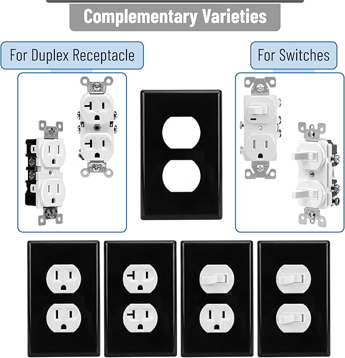 Bates- Screwless Duplex Wall Plate, 6 Pack, Black, Electrical Outlet Cover Plates