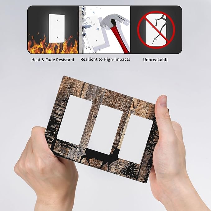 Light Switch Covers Rustic Forest Antler Elk Deer Silhouettes Animals Wood Grain 3 Gang Rocker Electrical GFCI Decorative Triple Outlet Wall Plate Cover Switchplate for Farmhouse Home Decor