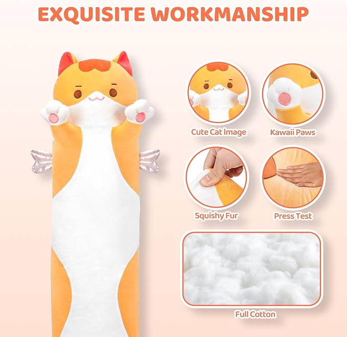 Mewaii Long Cat Plush 5 Sizes, 120% Extra Filling Giant Plushness Kids Body Pillow, Kawaii Cute Brown Cat Stuffed Animals Plushies, Big Long Body Pillow Cat Plush Gift for Girls 44”
