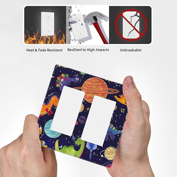 Galaxy Starry Astronaut Dinosaur 2 Gang Double Rocker/Decora Light Switch Cover Decorative Outlet Wall Plate Electrical Faceplate Home Family Art Decor Screwless