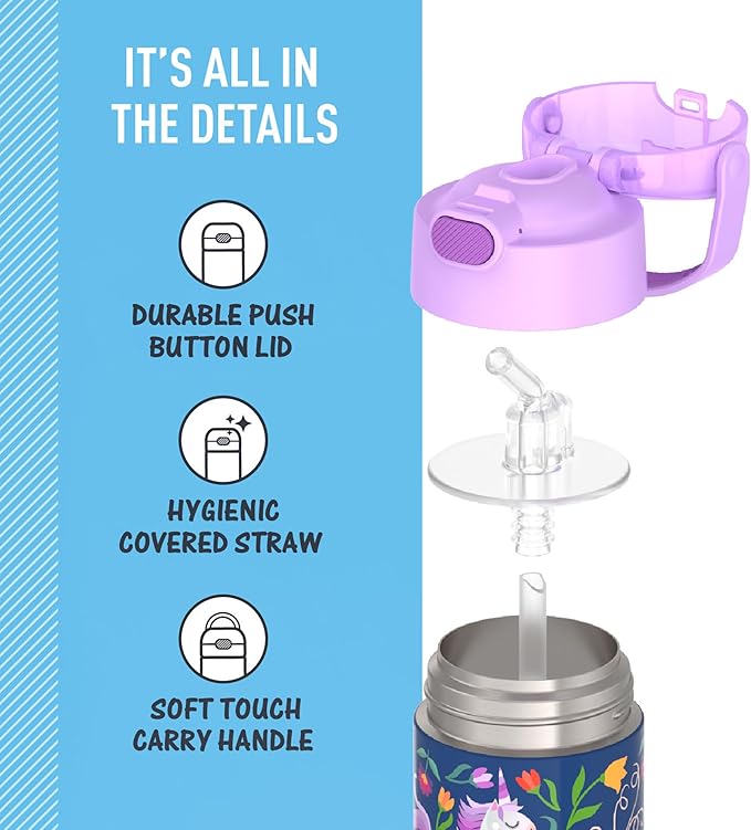 THERMOS FUNTAINER Water Bottle with Straw - 12 Ounce - Kids Stainless Steel Vacuum Insulated Water Bottle with Lid, Unicorn Blooms