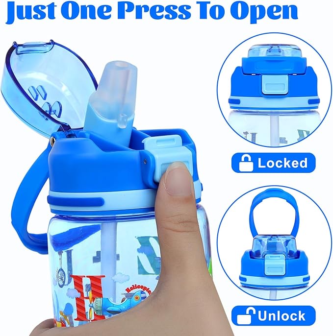 decalsweet Kids Water Bottle 20oz Durable Leak-Proof Plastic Water Cup for Kids Toddlers,With Straw Handle and Pop-Up Spout Cover,Safe for School Sports Daycare Travel & Camp