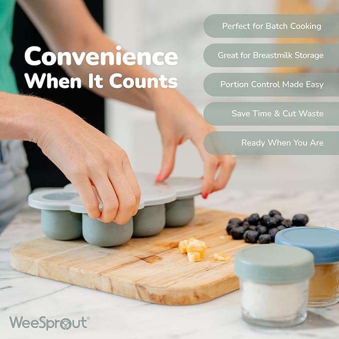 WeeSprout Silicone Baby Food Freezer Tray with Clip-on Lid - Perfect Storage Container for Homemade Baby Food, Vegetable & Fruit Purees, and Breast Milk (Matte Green, Six 3 Ounce Sections)