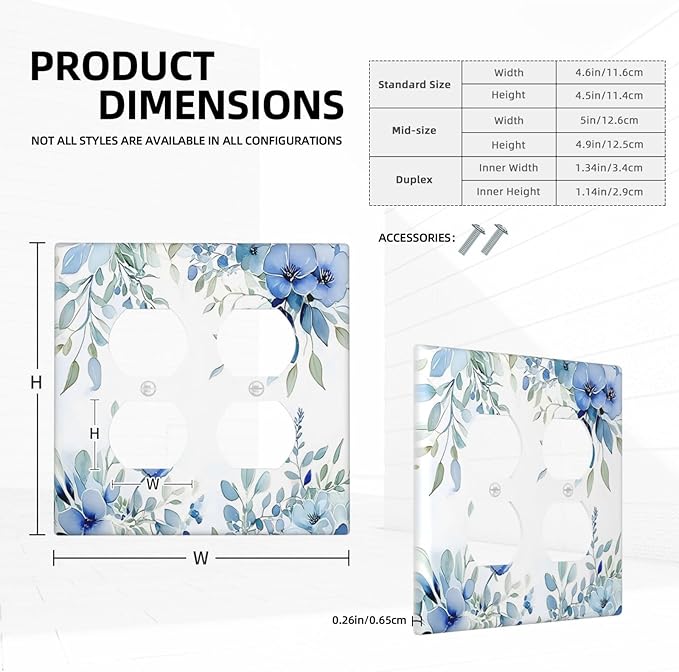 Watercolor Blue Flower Plant Floral Green Leaves Outlet Covers 2 Gang Double Duplex Decorative Light Switch Covers Electrical Wallplates Socket Faceplate for Bedroom Living Room Decor