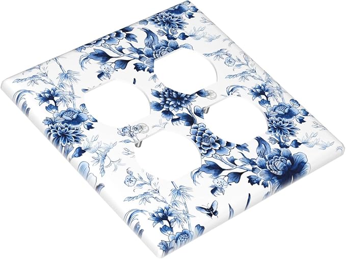 Blue Flower White Floral Plant Bird Butterfly Outlet Covers 2 Gang Double Duplex Decorative Light Switch Covers Electrical Wallplates Socket Faceplate for Bedroom Living Room Decor