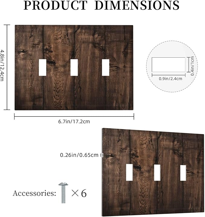 Rustic Brown Wood Plank Vintage Wooden Texture Print Decorative Switch Plates 3 Gang Wall Plate Triple Toggle Light Switch Cover Faceplate Electrical Wall Panels for Farmhouse Home Decor