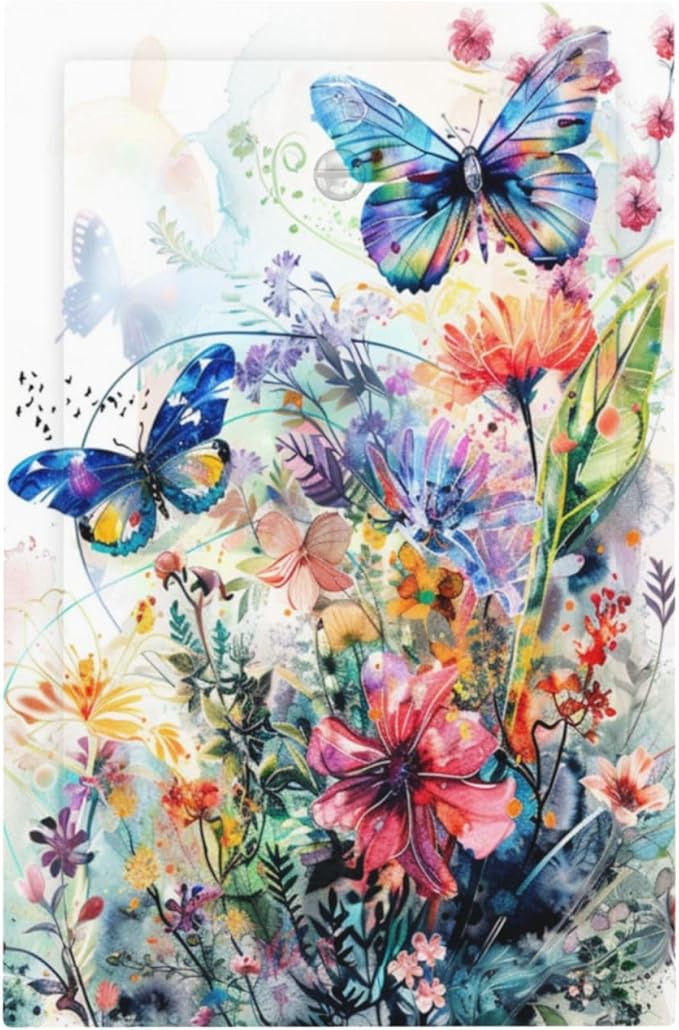 Light Switch Cover Watercolor Colorful Floral Butterflies Wildflowers Decorative Switch Plates 1 Gang Blank No Device Outlet Covers Electrical Wall Plates for Bathroom Bedroom Decor