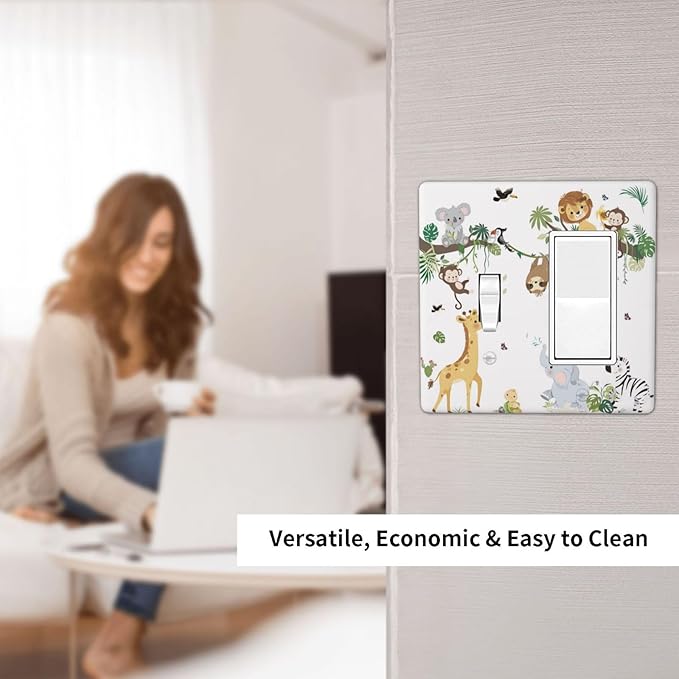 Jungle Animals Tree Branch Monkey Giraffe Lion Elephant Outlet Covers 1 Toggle 1 Rocker Combination Decorative Wall Plate Electrical Switch Plates Light Switch Cover Plate for Kids Room Nursery Decor