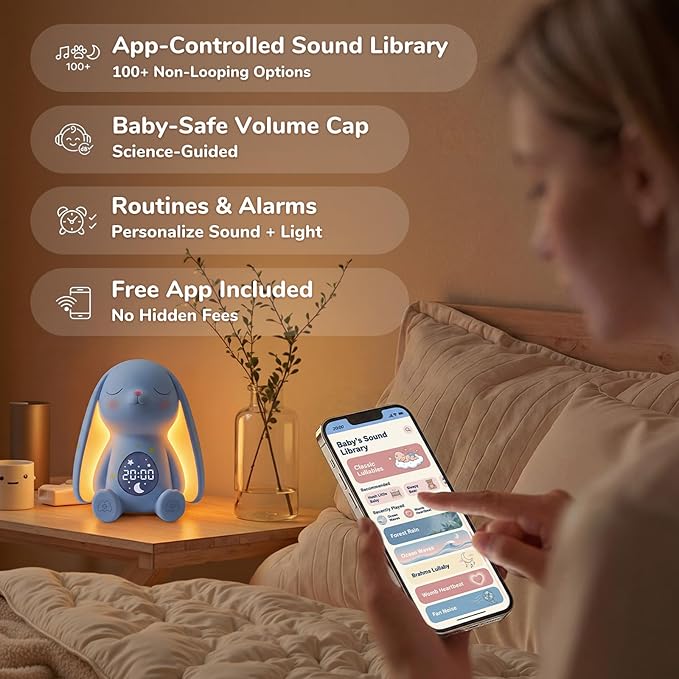 Mom's Choice Awards丨Bunny White Noise Sound Machine Baby for Sleep- AI Cry Detection, 100 Soothing Sounds, Full APP Access Included, Newborn Baby Boy Gifts, Night Light & Sleep Trainer, New Mom Gift