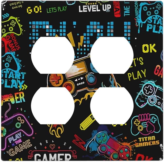 Gamer Video Game Themed Cool Controller Print Outlet Covers 2 Gang Double Duplex Decorative Light Switch Covers Electrical Wallplates Socket Faceplate for Kids Room Office Decor