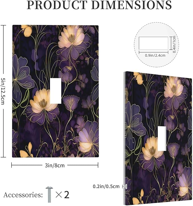 Modern Boho Vintage Gold Purple Dark Floral Modern Abstract Flowers Decorative Light Switch Cover 1 Gang Single Toggle Device Electrical Faceplate Switchplates Decorator Outlet Wall Plate for Bedroom