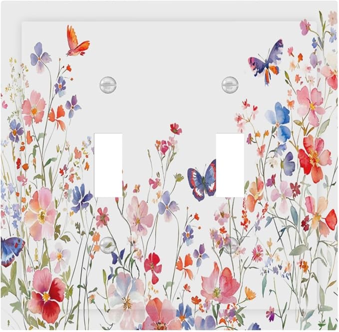 Colorful Flower Watercolor Floral Butterfly Bird Decorative Switch Plates 2 Gang Double Toggle Outlet Light Switch Cover Wall Plate Electrical Faceplate for Bedroom Living Room Decor