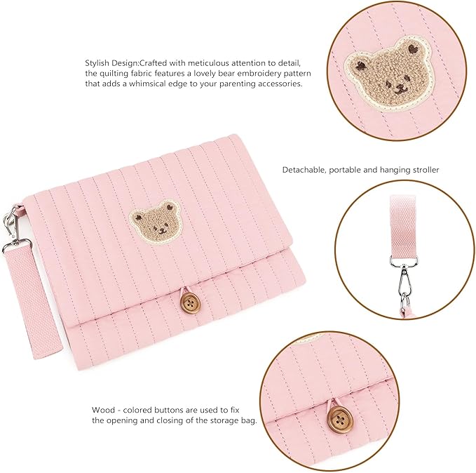 MOMIGO Baby Diaper Bag Organizer Pouches - Waterproof Pod Foldable Diaper Organizer Set, Cute Bear Bag Gift for Baby Shower (Pink)