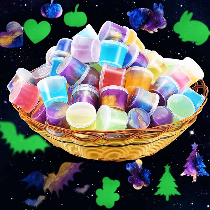 60 Pack Galaxy Slime Pack, Including Glow in The Dark Slime 30 Pack and Galaxy Color 30 Pack, Super Soft and Stretchy Slime Toy for Kids Valentine, Birthday, Classroom Prizes, Goodies Bag Stuffer.