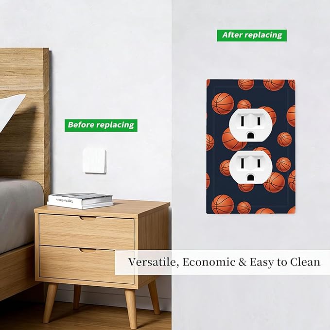 Basketball Duplex Wall Plate - 1-Gang Standard US Size Sports Design Navy Blue Outlet Covers, Vintage Basketball for Boys Room