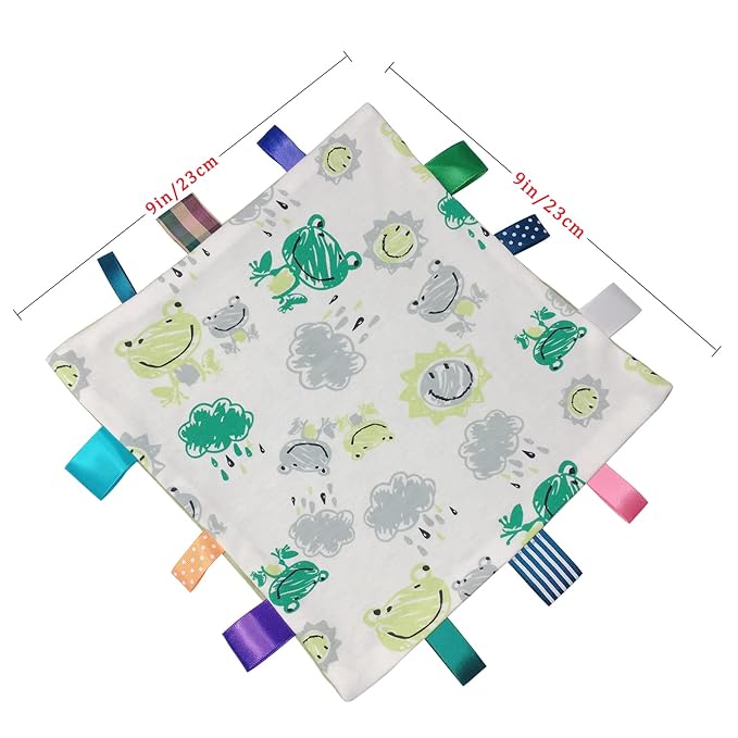 Baby Tags Soft Plush Snuggle Small Security Blanket with Colorful Tags Comfort Appease Towel Taggy Lovey Frog Minky Dot Blanket - 9 x 9 inches - Green