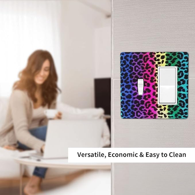 Rainbow Colorful Leopard 2 Gang Single Toggle/Rocker Combination Light Switch Cover Decorative Wall Plate Faceplate Boys Kids Teen Girl Bedroom Room Decorate 4.5" x 4.5