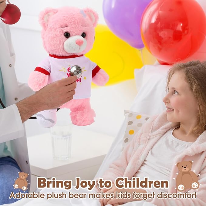 Deekin Get Well Soon Gifts for Kids Injured Recovery Bear Stuffed Animal Gifts Bear for Kids Adult with Broken Arm After Surgery Soft Bandage Plush 10 Inches (Pink,Leg Injury)