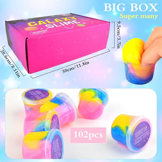 102 Pack Squishy Bulk Galaxy Slime Kit, Party Favors for Kids Slime Cup Bulk DIY Stress Relief Putty Toy Stretchy & Non-Sticky Valentine Day Birthday Goodie Bag Stuffer Classroom Reward for Girls Boys