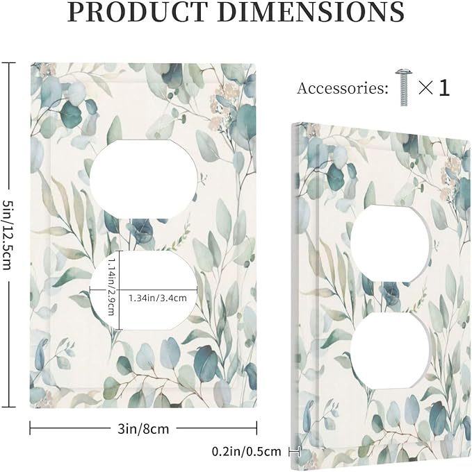 Boho Green White Eucalyptus Leaf Floral Outlet Covers 1 Gang Duplex Light Switch Cover Decorative Switch Plates Electrical Receptacle Faceplate Wall Plate for Farmhouse Living Room Decor