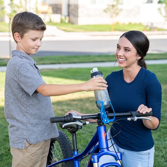 Bike Water Bottle Holder Combo - 20 Oz Squeeze Bottle & Bicycle Mount Cage Rack, No Screws Needed, Durable Alloy - Fits All Handlebar Bikes & MTB Mountain Road - for Adults, Kids (Blue)