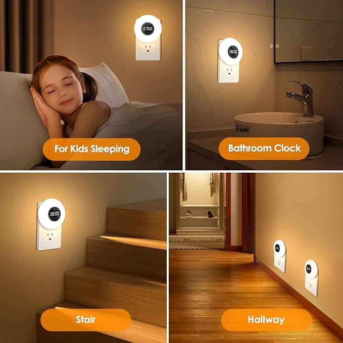 Night Light Clock, Dimmable+3 Light Colors+Timer Nightlight Timing Light, Small Clock, Toilet Light with Plug in Timer, Night Light Plug in, Nightlight for Kids Room, Bedroom Clocks for Kids Room