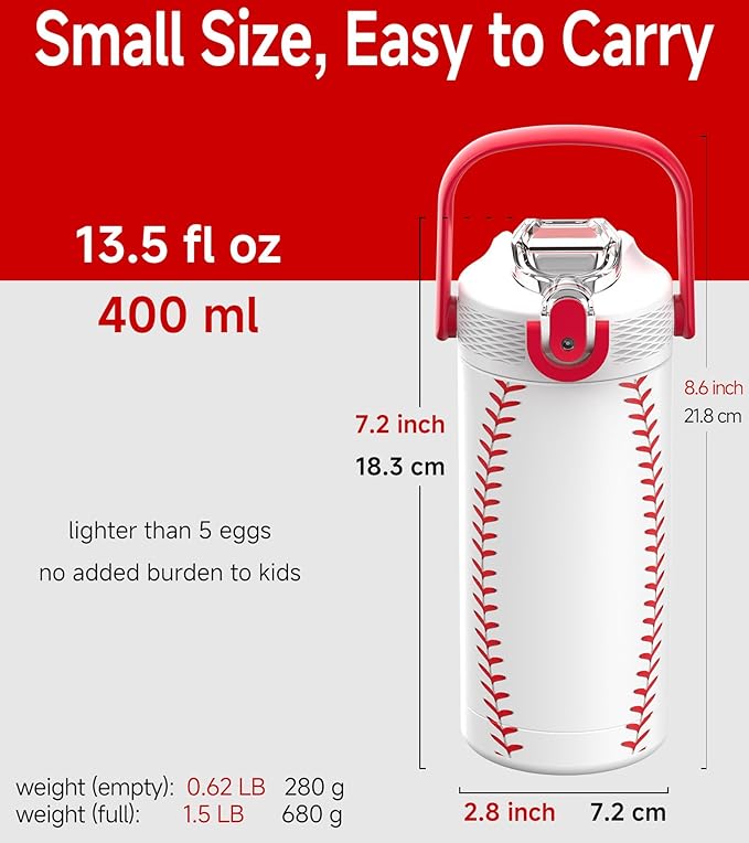 MYFOREST 14oz/400ml Insulated Kids Water Bottle, Odor-Free Surgical Grade Liner, Dishwasher-Safe, Name Spot, Soft Sipper, Gift for Sports Fan (Baseball)