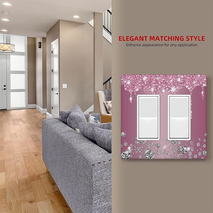 Sparkling Diamonds Pink Silver Glitter Drops Print 2 Gang Rocker Decora Light Switch Covers Decorative Unique Dual Outlet Covers Wall Plate Electrical Faceplate Switchplate GFCI for Bedroom Decor