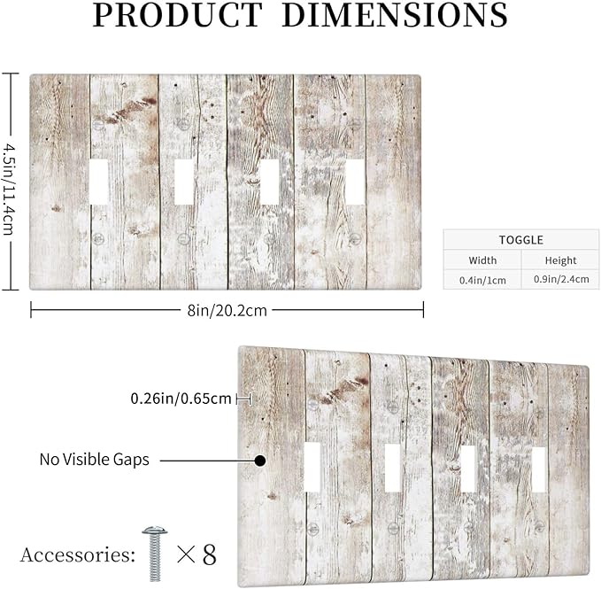 Vintage Light Wood Retro Rustic White Gray Oak Print Light Switch Covers Quad Toggle Electrical Faceplate 4 Gang Wall Plate Decorative Switch Plates Cover for Farmhouse Home Decor