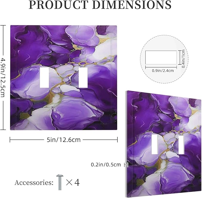 Decorative Light Switch Cover Abstract Luxury Purple Gold Marble Textures 2 Gang Wall Plate Oversized Double Toggle Two Switch Wall Cover Dual Device Electrical Face Plate