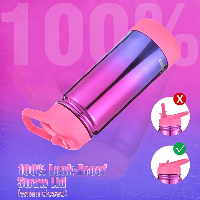 Mininoo Kids Water Bottle, Girls Water Bottles for School, 16oz Stainless Steel Metal Water Bottle with Straw Lid