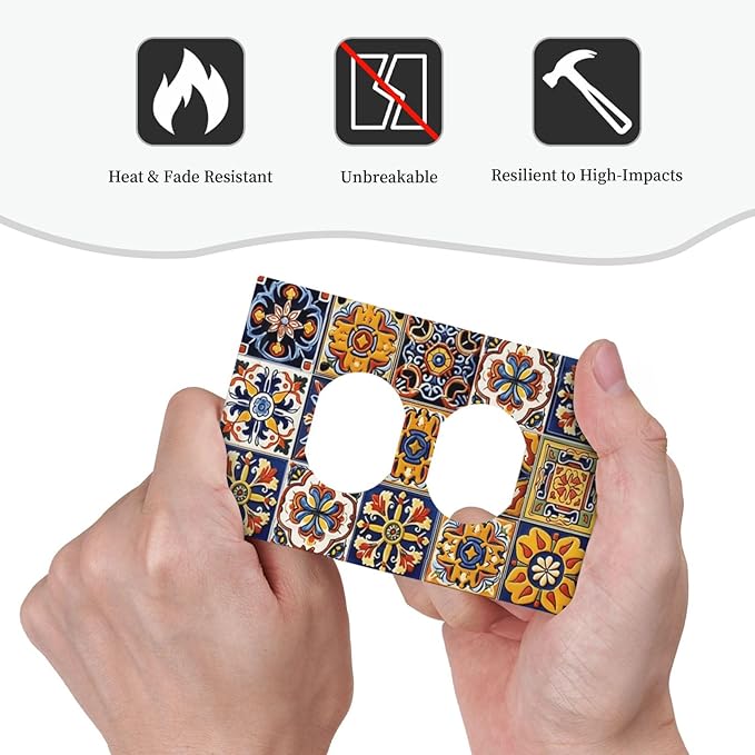Mexican Talavera Tiles Flower Vintage Outlet Covers 1 Gang Duplex Light Switch Cover Decorative Switch Plates Electrical Receptacle Faceplate Wall Plate for Kitchen Bathroom Decor