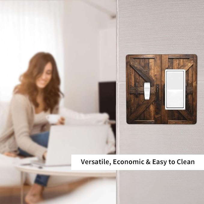 Decorative Outlet Covers Retro Brown Wood Barndoor 2 Gang Light Switch Cover Plate Single Toggle 1 Rocker Wall Plates for Electrical Switch Plate Covers for Farmhouse Home Decor