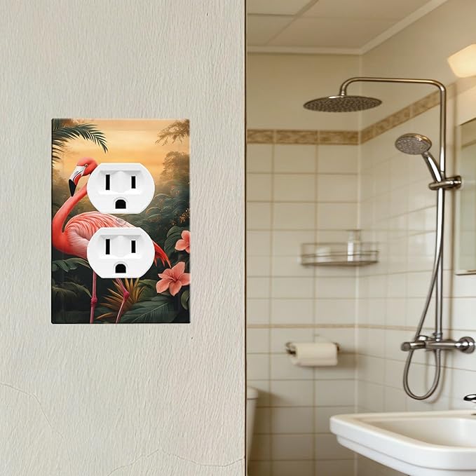 Tropical Flamingo Jungle Paradise Duplex Wall Plate - 1-Gang Standard US Size Exotic Jungle Escape Outlet Covers for Bathroom Decor