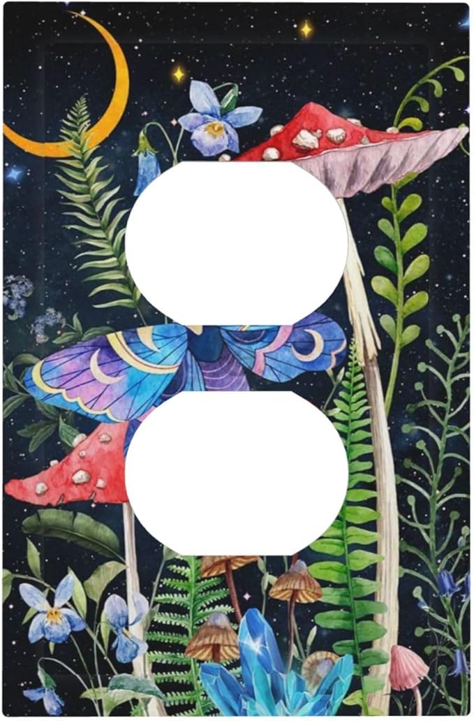 1 Gang Duplex Receptacle Outlet Cover Gothic Boho Hippie Butterfly Mushroom Plants Starry Moon Night Stars Botanical Moth Electrical Wall Plate One Gang Dual Device Light Switch Faceplate Socket Cover