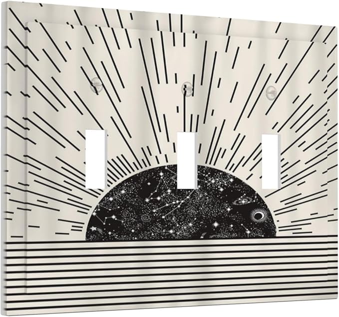 Mid Century Boho Sun Abstract Black Sunrise Horizon 3 Gang Light Switch Covers Triple Toggle Wall Plate Decorative Switchplate Electrical Faceplate for Kitchen Bathroom Bedroom Decor