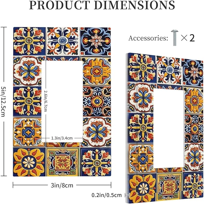Mexican Talavera Tiles Flower Vintage Decorative Outlet Covers 1 Gang Single Rocker Light Switch Cover Plate Wall Plates GFCI Faceplate for Kitchen Bathroom Decor