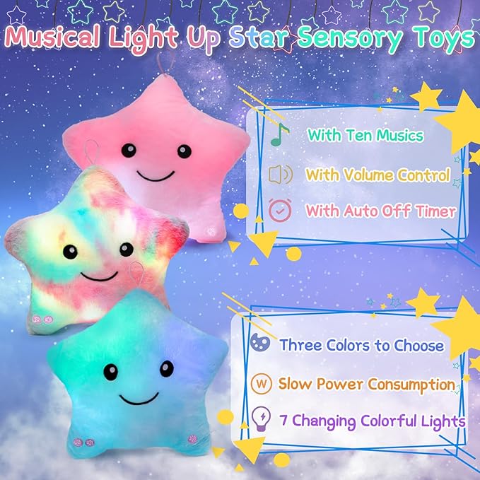 Subao Sensory Toys for Toddlers,14" Toddler Pillow with Light & Music,Plush Star Night Light for Kids Autism Sensory Products,Birthday Xmas Easter Gifts for 3 4 5 6 7 8 9 10 Year Old Girls Colorful