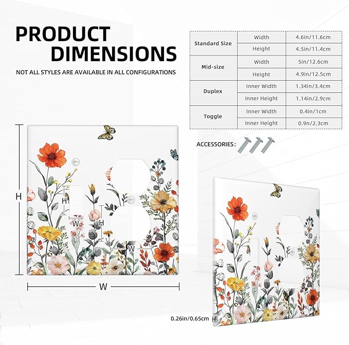 Colored Vintage Floral Colorful Butterfly Wild Flowers 2-Gang 1-Toggle 1-Duplex Device Combination Wallplate Summer Garden One Toggle Switch and One Duplex Receptacle Outlet Combo Light Switch Cover